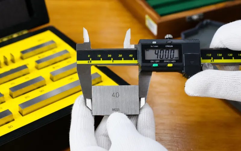 our qc staff measures a steel gauge block in a precision quality control inspection factory